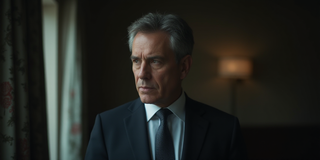 a man in a suit and tie is looking at something in front of him with a serious look on his face, De