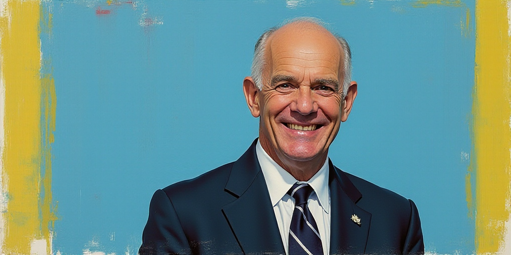 a man in a suit and tie is smiling for a picture with a blue background and a yellow border, Edward