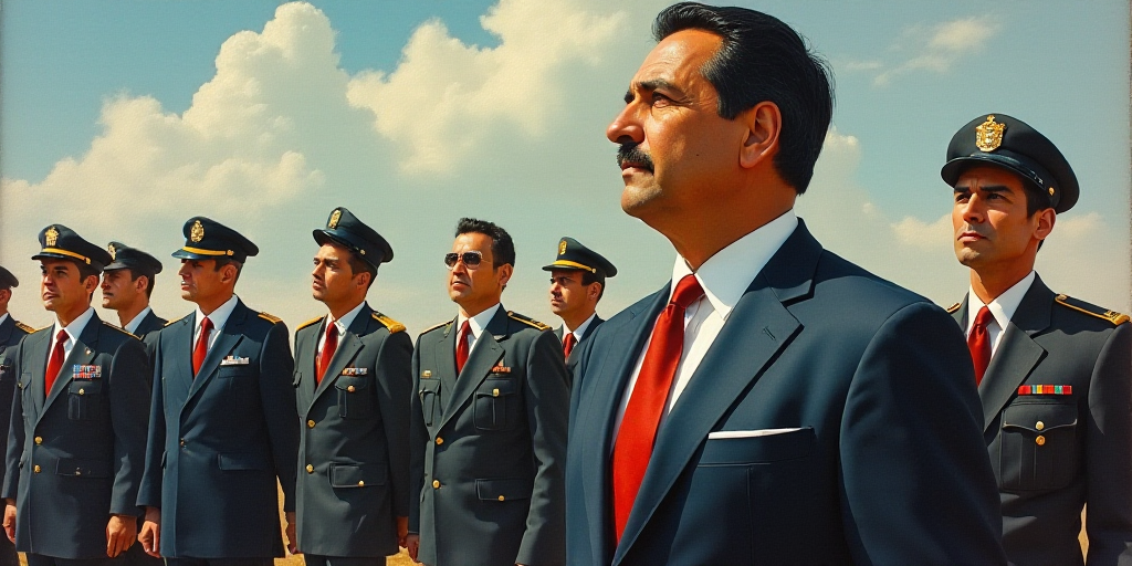 a man in a suit and tie looking off into the distance with other men in uniform in the background, E