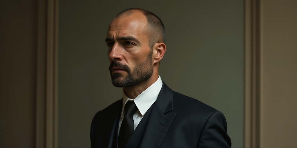 a man in a suit and tie looking off to the side with a serious look on his face and shoulders, ESAO,