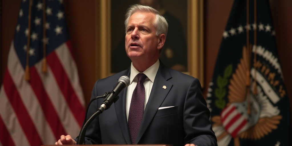 a man in a suit and tie making a speech with an american flag behind him and a picture of a wreath,