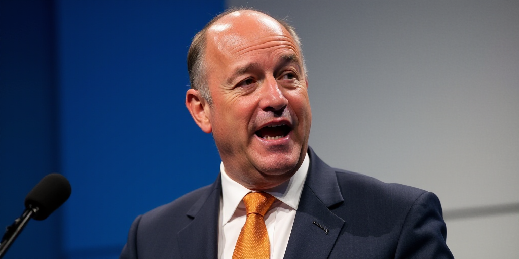 a man in a suit and tie making a face while speaking into a microphone with a blue background and a