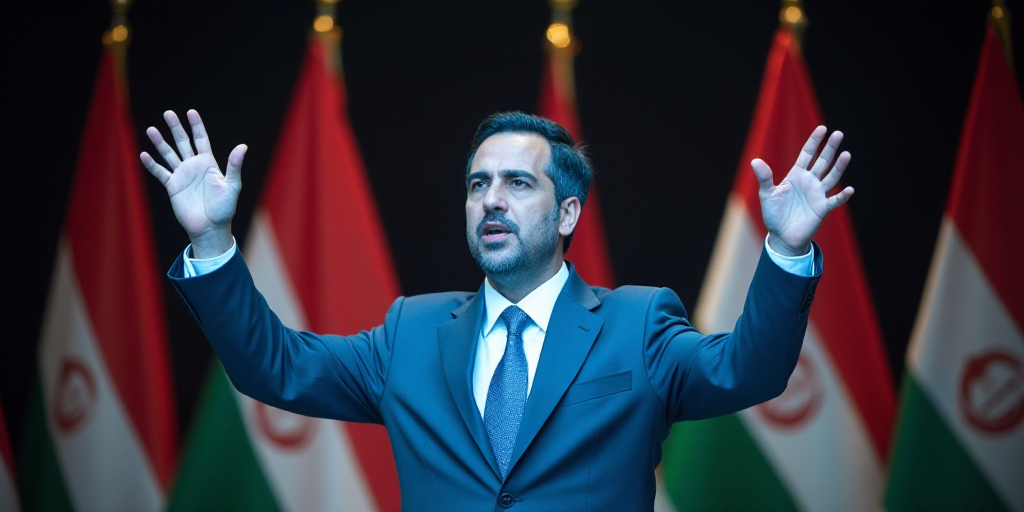 a man in a suit and tie making a speech with his hands in the air and a flag in the background, Ahme