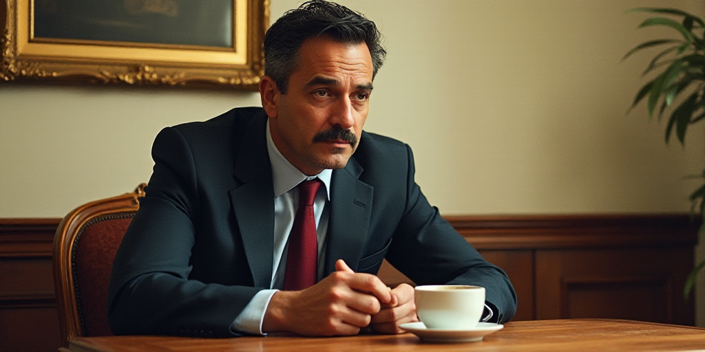 a man in a suit and tie sitting at a table with a cup of coffee in front of him, Estuardo Maldonado,