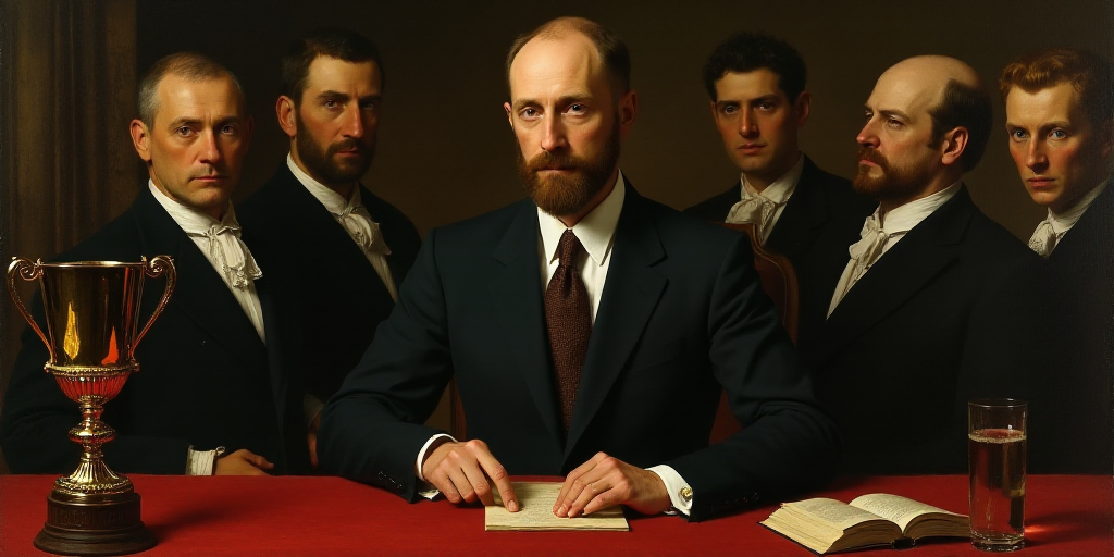 a man in a suit and tie sitting at a table with other people in the background and a trophy on the t