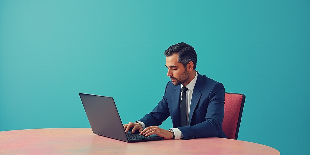 a man in a suit and tie sitting at a table with a laptop computer in front of him and a blue backgro