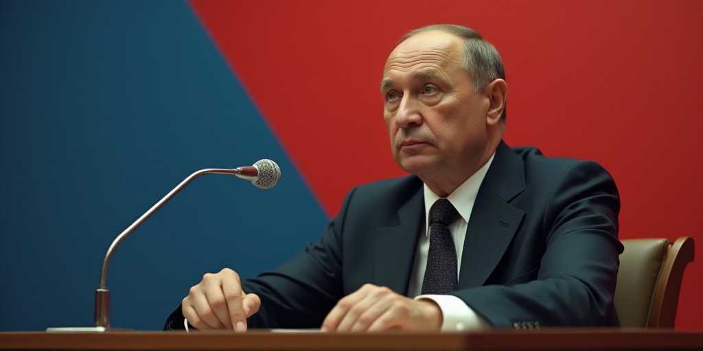 a man in a suit and tie sitting at a table with a microphone in front of him and a red and blue back