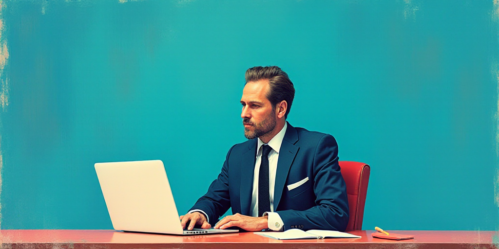 a man in a suit and tie sitting at a table with a laptop computer in front of him and a blue backgro