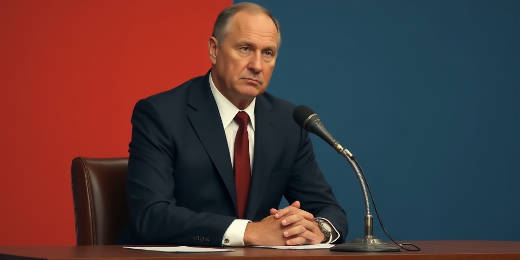 a man in a suit and tie sitting at a table with a microphone in front of him and a red and blue back