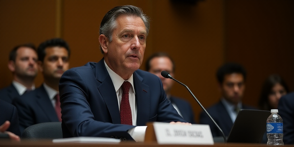 a man in a suit and tie sitting at a table with a microphone in front of him and another man in the