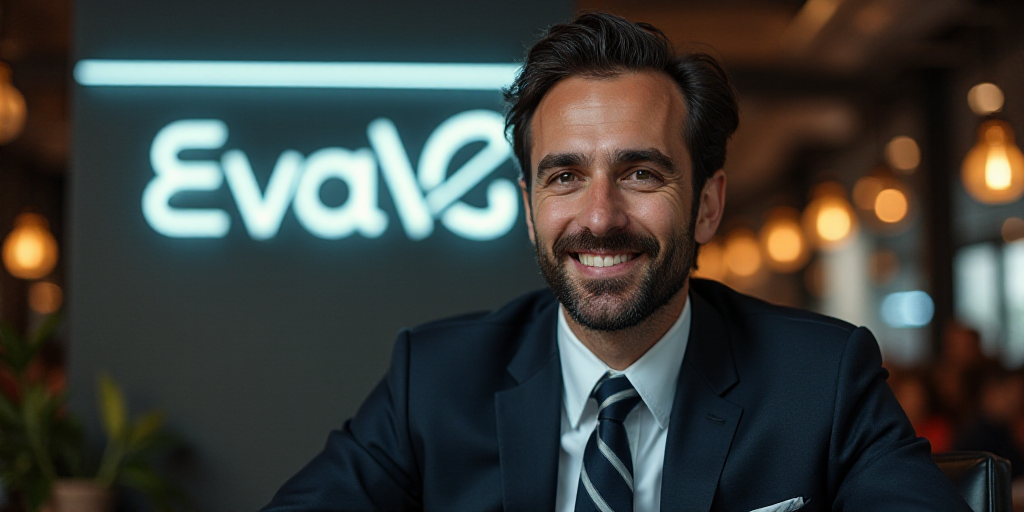a man in a suit and tie sitting in front of a sign that says evavg plus on it, Clément Serveau, thi