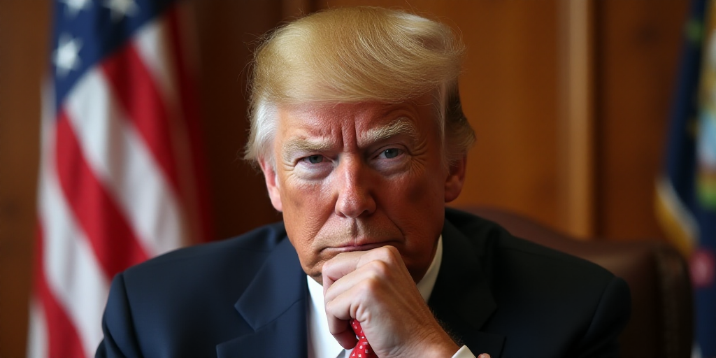 a man in a suit and tie sitting in front of a flag and a flag pole with a hand on his chin, Donald R