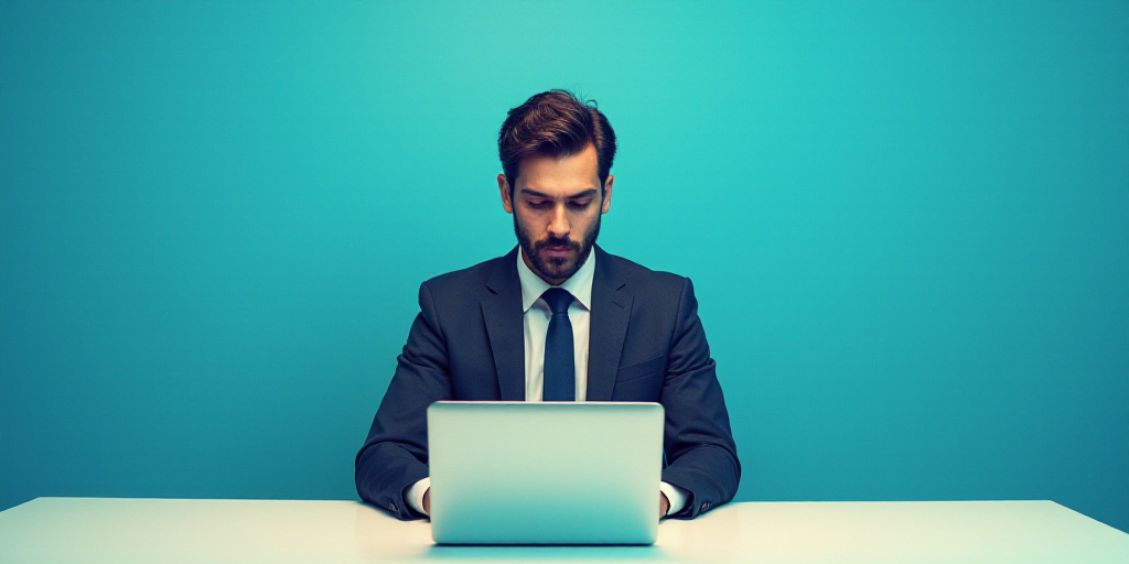 a man in a suit and tie sitting at a table with a laptop computer in front of him and a blue backgro