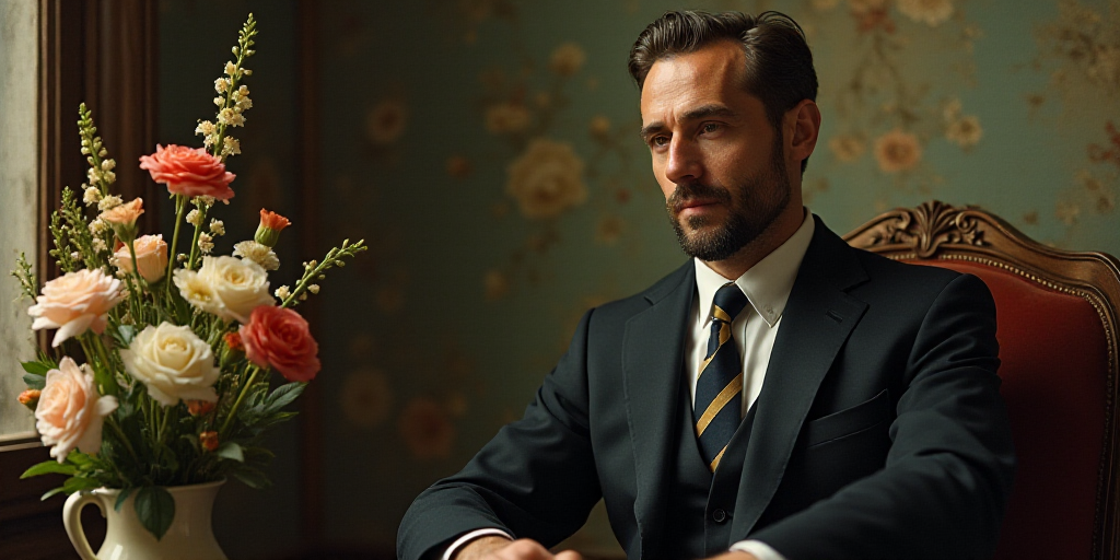 a man in a suit and tie sitting in a room with flowers in the background and a vase of flowers in th