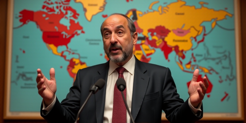 a man in a suit and tie speaking into a microphone with his hands out in front of him and a world ma