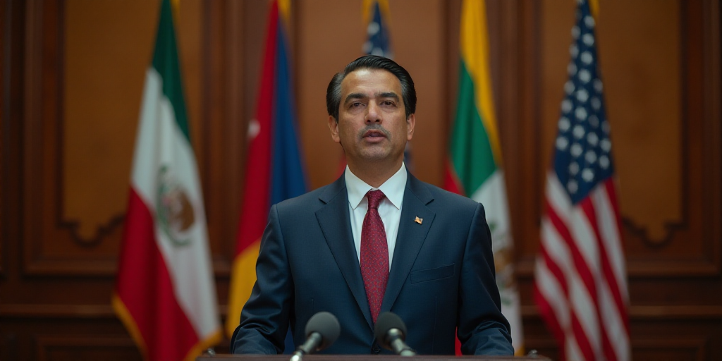 a man in a suit and tie speaking in front of flags and a microphone in a room with wooden paneling,