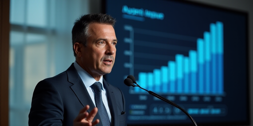 a man in a suit and tie speaking into a microphone in front of a screen with a bar chart, Agustín F