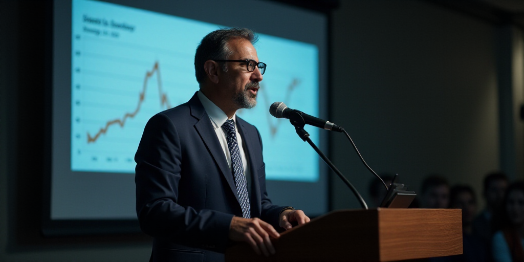a man in a suit and tie speaking into a microphone in front of a screen with a chart on it, Agustín