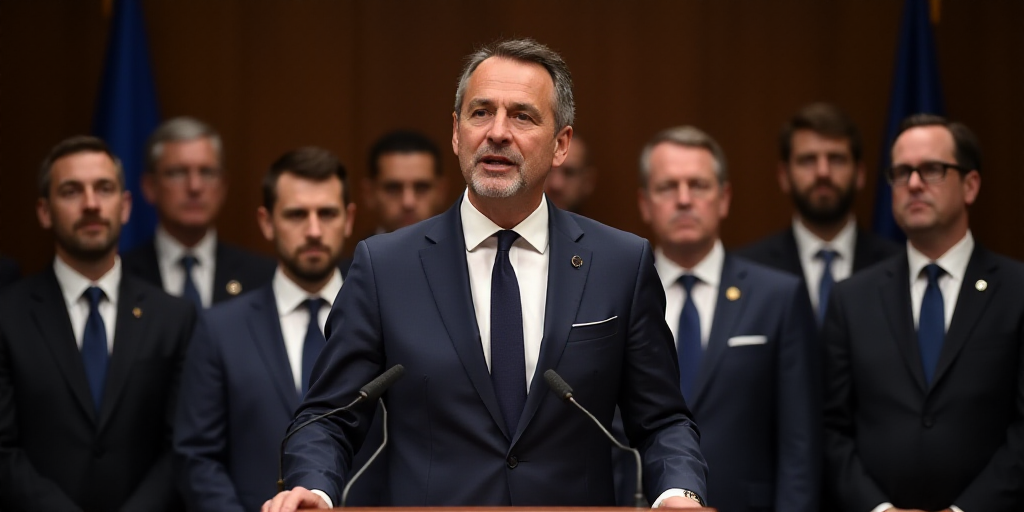 a man in a suit and tie speaking at a podium with other men in suits and ties behind him, André Fra