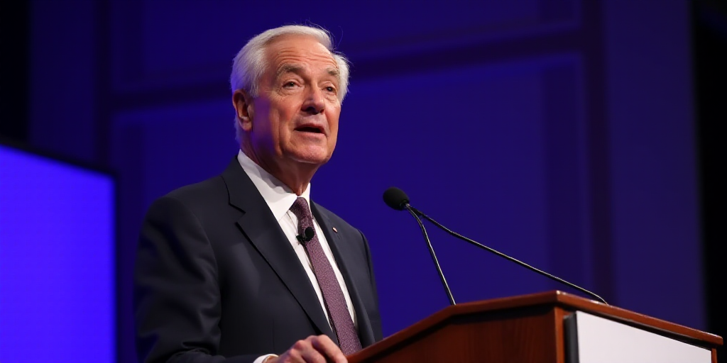 a man in a suit and tie speaking into a microphone at a podium with a purple background and a blue s