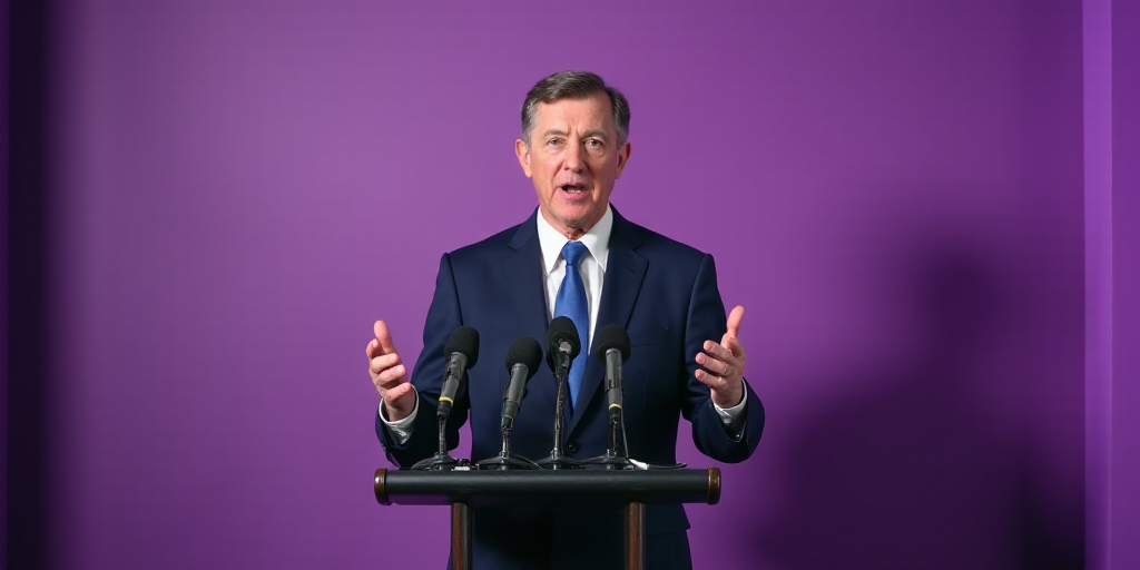 a man in a suit and tie speaking into microphones at a press conference with a purple background and