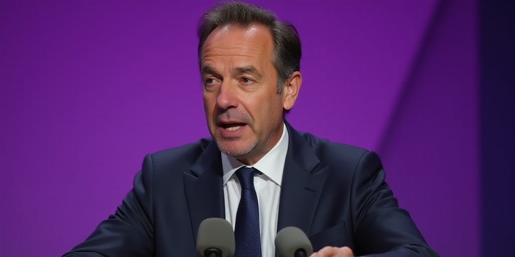 a man in a suit and tie speaking into microphones at a press conference with a purple background and