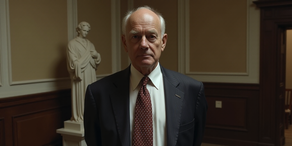 a man in a suit and tie standing in a room with a statue in the background and a man in a suit and t