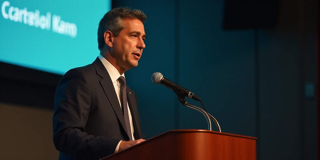 a man in a suit and tie standing at a podium with a microphone in front of him and a screen behind h