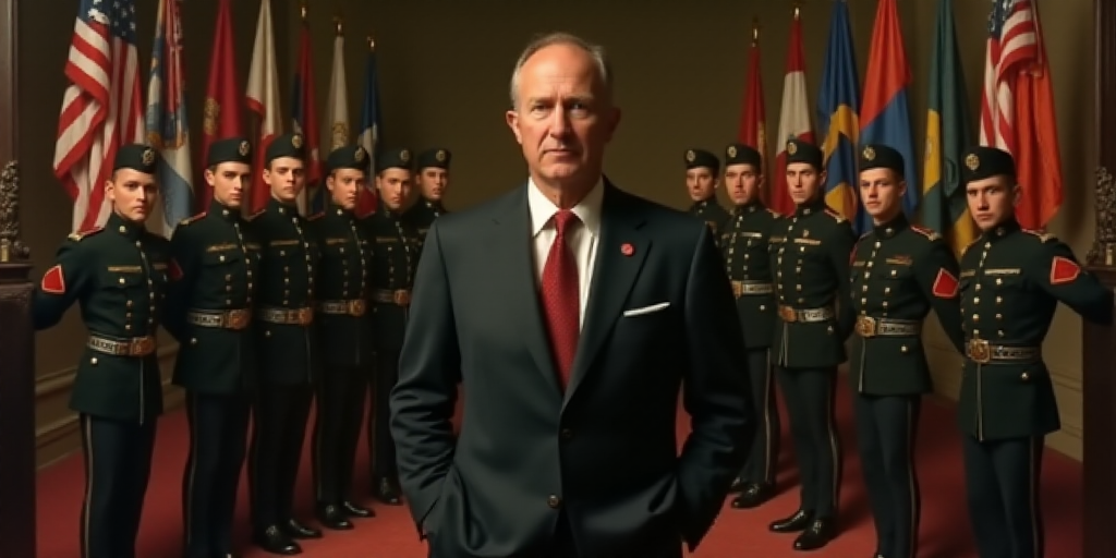 a man in a suit and tie standing in front of military men in uniform in a room with flags, Donald Ro