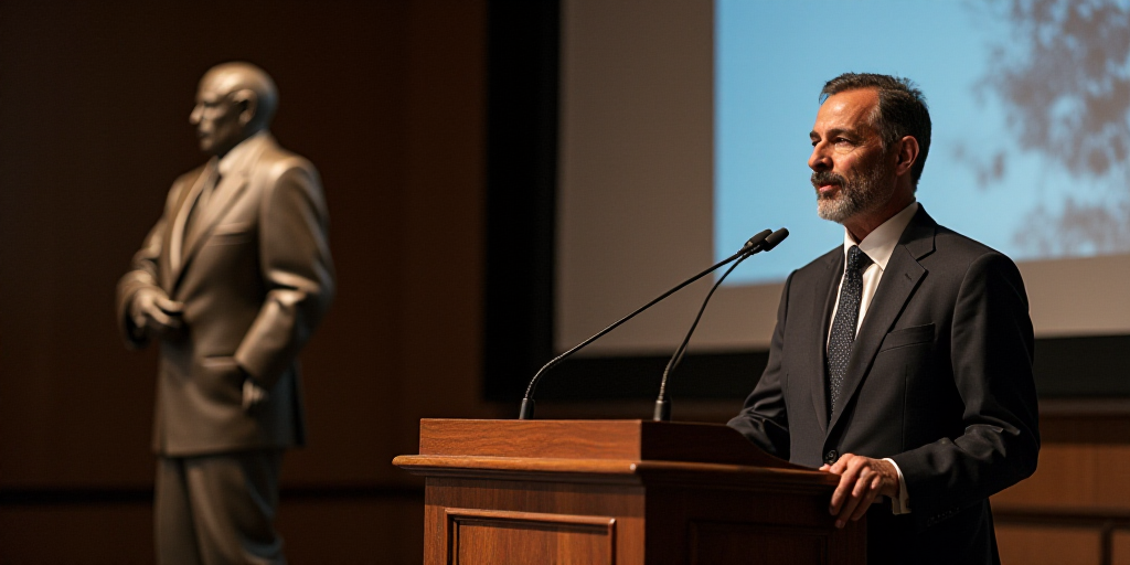 a man in a suit and tie standing at a podium with a microphone in front of him and a screen behind h