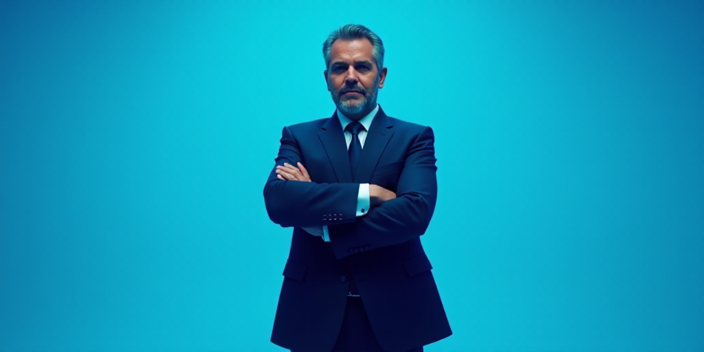 a man in a suit and tie standing with his arms crossed in front of him with a blue background, Estua