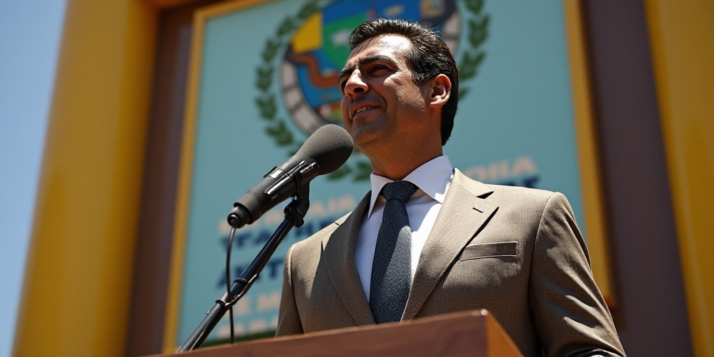 a man in a suit and tie standing at a podium with a microphone in front of him and a banner behind h