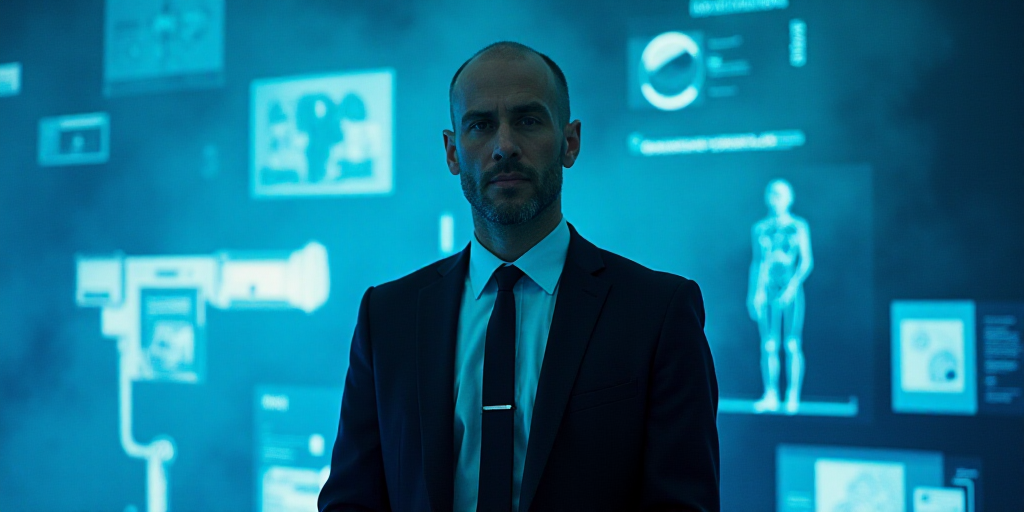 a man in a suit and tie standing in front of a blue background with a black and white photo, Edward