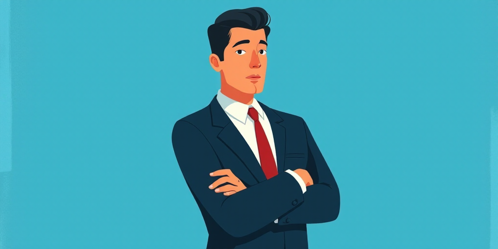 a man in a suit and tie standing with his arms crossed in front of him, with a blue background, Carl