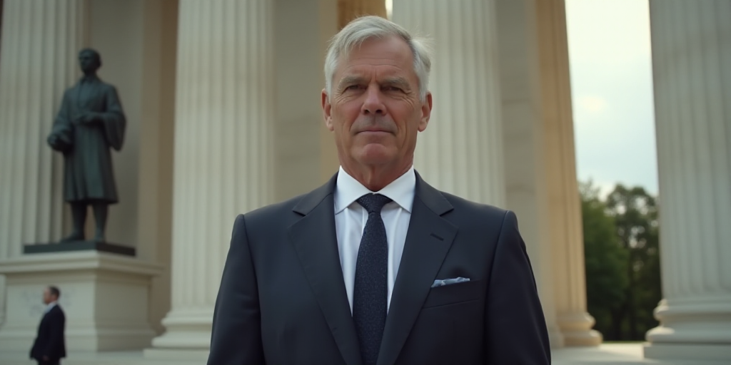 a man in a suit and tie standing in front of a building with a statue in the background and a man in