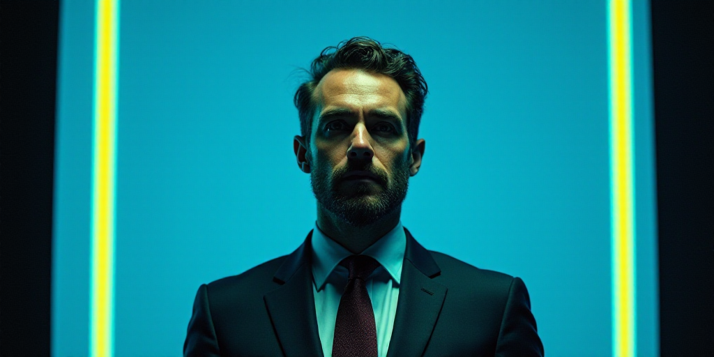 a man in a suit and tie standing in front of a blue background with a black and yellow border, Eduar