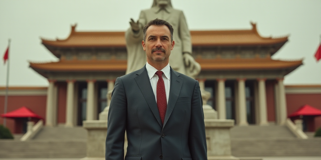 a man in a suit and tie standing in front of a building with a statue of a man in the background, Do