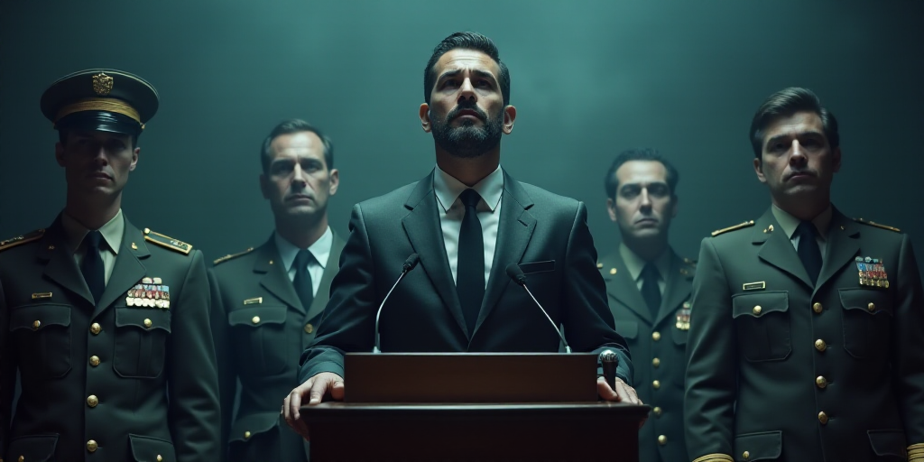 a man in a suit and tie standing at a podium with other men in uniform behind him and a microphone,