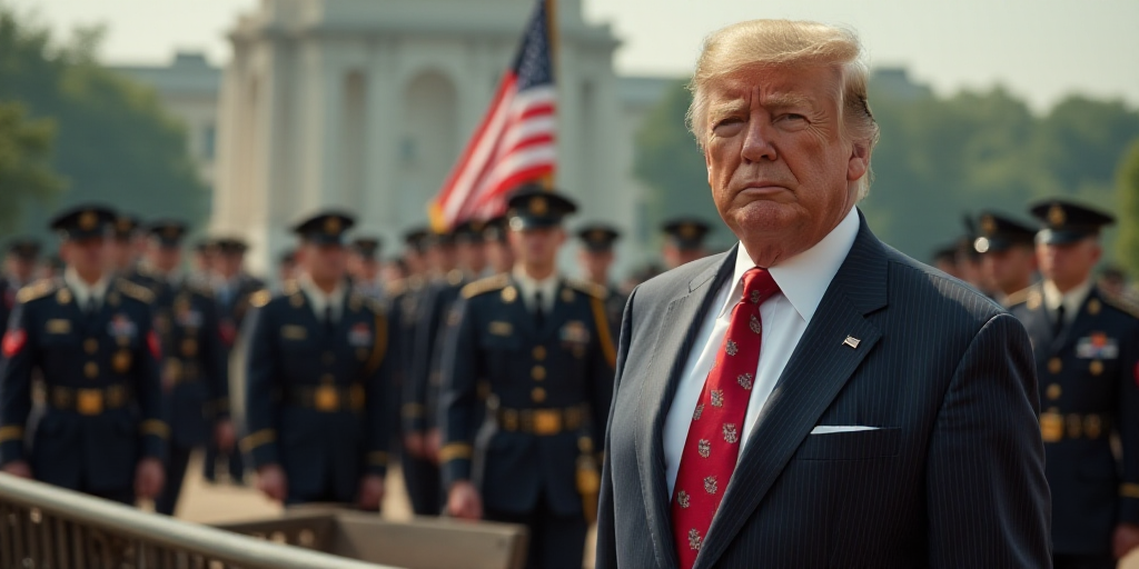 a man in a suit and tie standing next to a bench with soldiers in uniform and a flag behind him, Don