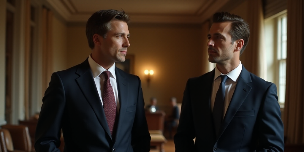 a man in a suit and tie standing next to another man in a suit and tie in a room, Donald Roller Wils