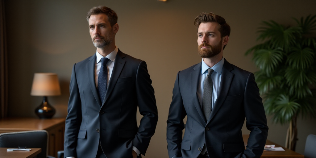 a man in a suit and tie standing next to a man in a suit and tie in front of a desk, Ei-Q, vfx, a st