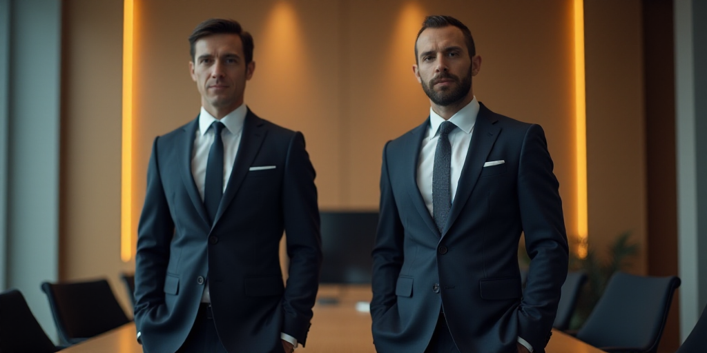 a man in a suit and tie standing next to a man in a suit and tie in front of a desk, Ei-Q, vfx, a st