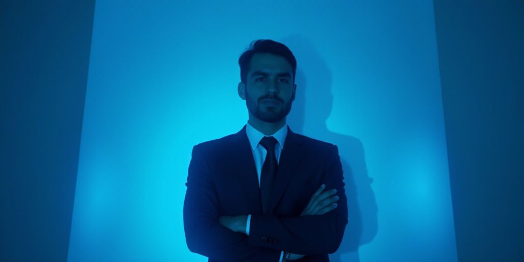 a man in a suit and tie standing with his arms crossed in front of him with a blue background, Enriq
