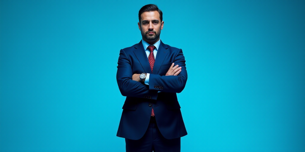 a man in a suit and tie standing with his arms crossed in front of him with a blue background, Estua
