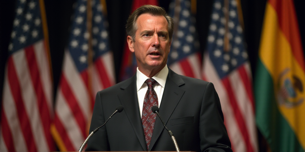 a man in a suit and tie standing in front of flags and microphones with a microphone in front of him