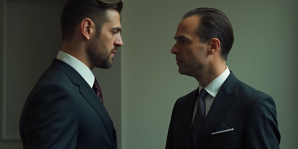 a man in a suit and tie standing next to a man in a suit and tie looking at each other, Brian Fies,