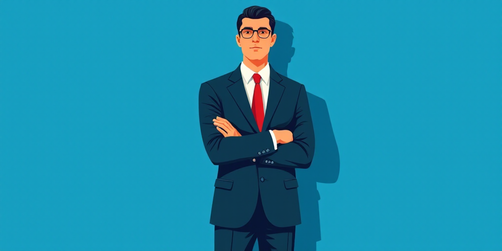 a man in a suit and tie standing with his arms crossed in front of him, with a blue background, Carl