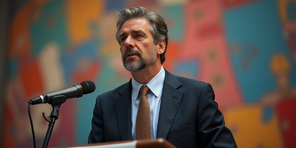a man in a suit and tie standing at a podium with a microphone in front of him and a sign behind him