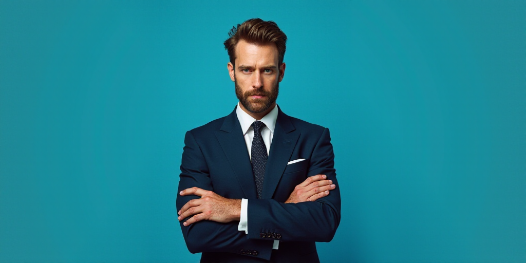a man in a suit and tie standing with his arms crossed in front of him with a blue background, Edwar
