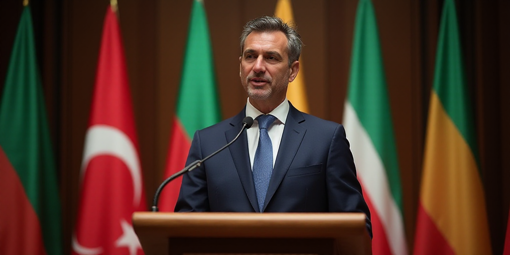a man in a suit and tie standing at a podium with flags behind him and a microphone in front of him,